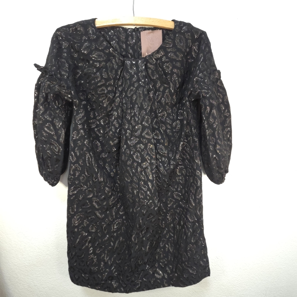 Komlan Black Acetate Midi Dress Full Leopard Print Ruffle 3/4 Sleeves Size42 (M)